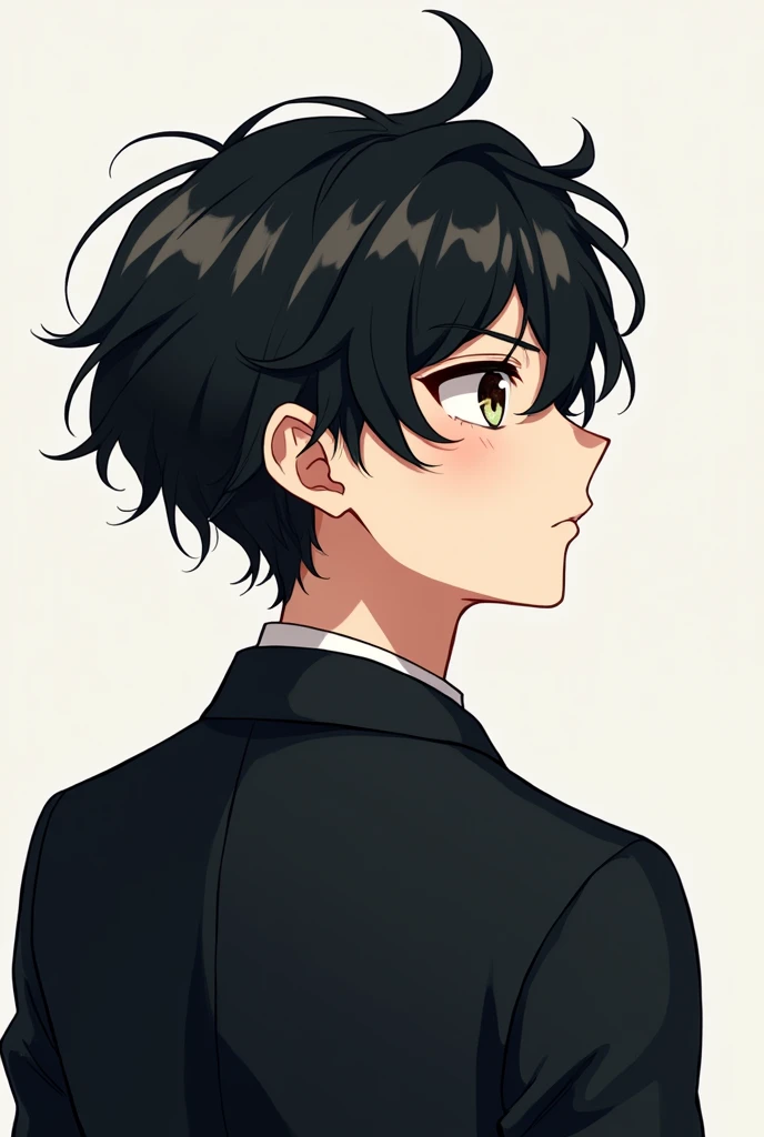 Black haired anime man in black suit with short wavy hair, Brown eyes with a bit of green, full body and from child to adult 