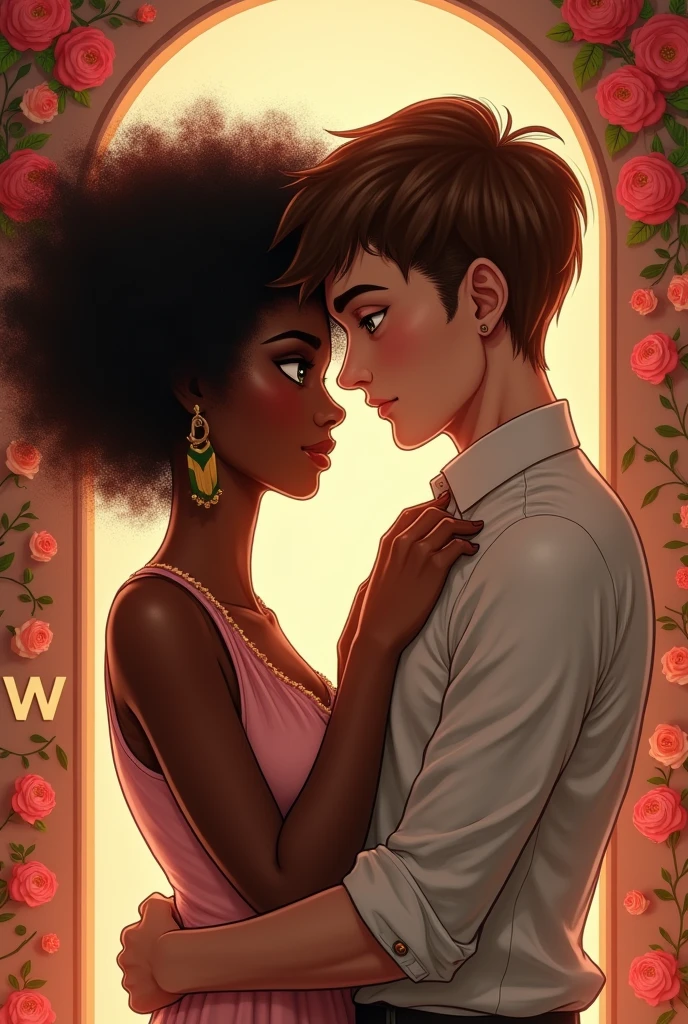 Create a frame with a romantic couple: a beautiful black woman with brown eyes and curly black hair. A white man with green eyes, has brown hair. Only the man has green eyes and the woman has black eyes and curly hair.. beautiful background, creative. A panel with the letters G and W.