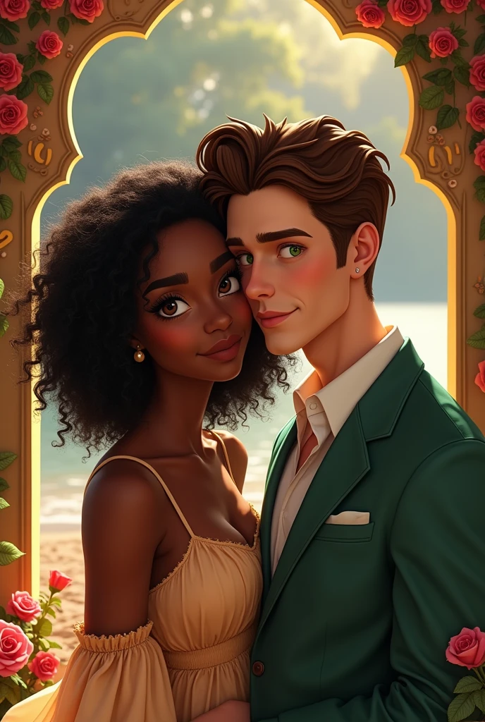 Create a frame with a romantic couple: a beautiful black woman with brown eyes and curly black hair. A white man with green eyes, has brown hair.  Only the man has green eyes and the woman has black eyes and curly hair.. beautiful background, creative. A panel with the letters G and W. 