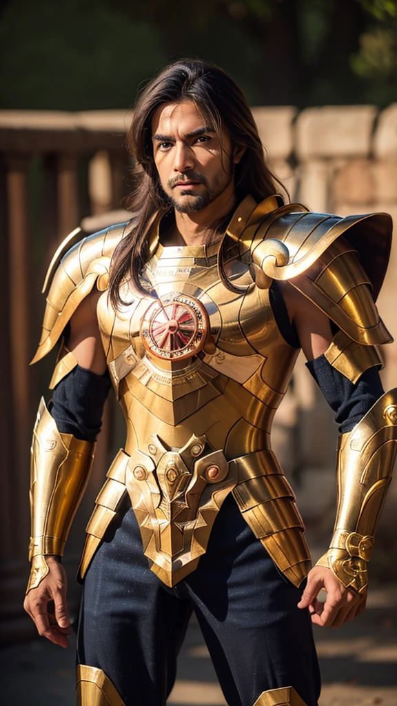 (((1man)))  a hyper realistic ultra detailed photograph of a handsome man photorealistic shaka at agreek ruins background, tattered Libra gold half shiny metal armor, long brown hair, blue eyes, dynamic pose, detailed symmetric beautiful hazel eyes, detailed gorgeous face, 30-megapixel, 4k, Canon EOS 5D Mark IV DSLR, 85mm lens, sharp focus, intricately detailed, long exposure time, f/8, ISO 100, shutter speed 1/125, diffuse back lighting, award winning photograph, facing camera, looking into camera, monovisions, perfect contrast, High sharpness, facial symmetry, depth of field, ultra-detailed photography, raytraced, global illumination, TanvirTamim, smooth, ultra high definition, 8k, unreal engine 5, ultra sharp focus, award-winning photograph, trending on artstation, realistick 8k