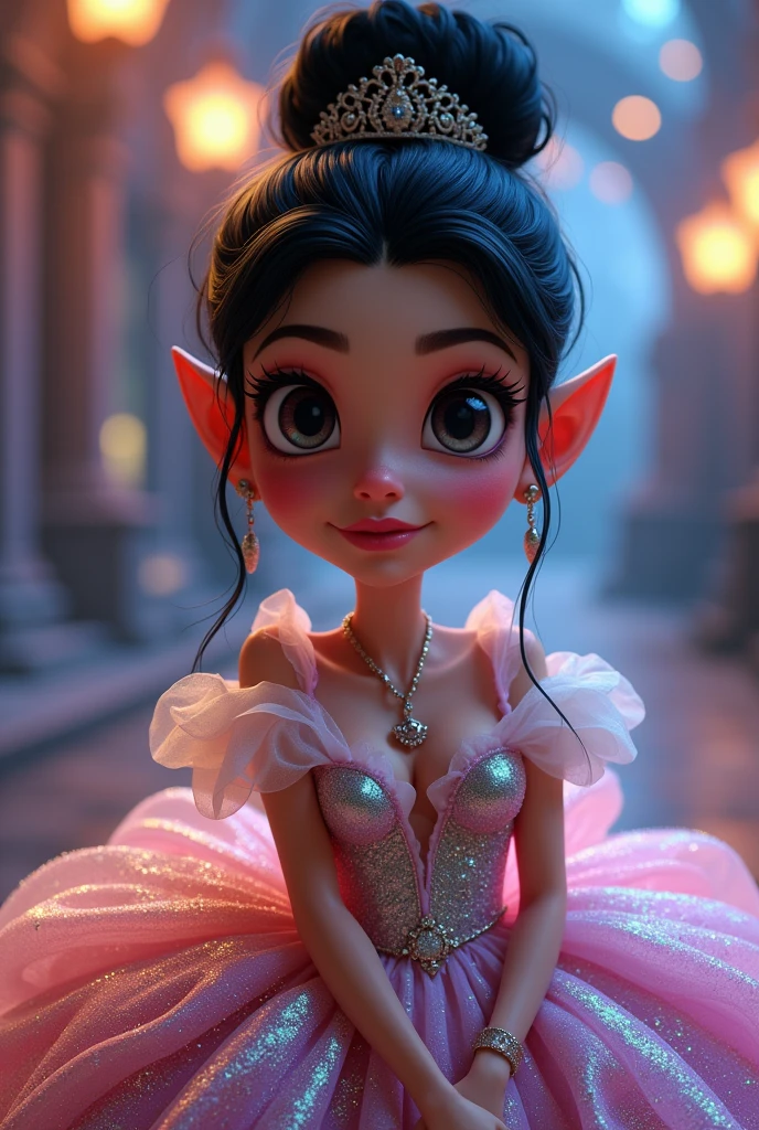 Disney princess with ping gliterry dress , black hair in a bun , extremely big nose and tall ears and a unibrow