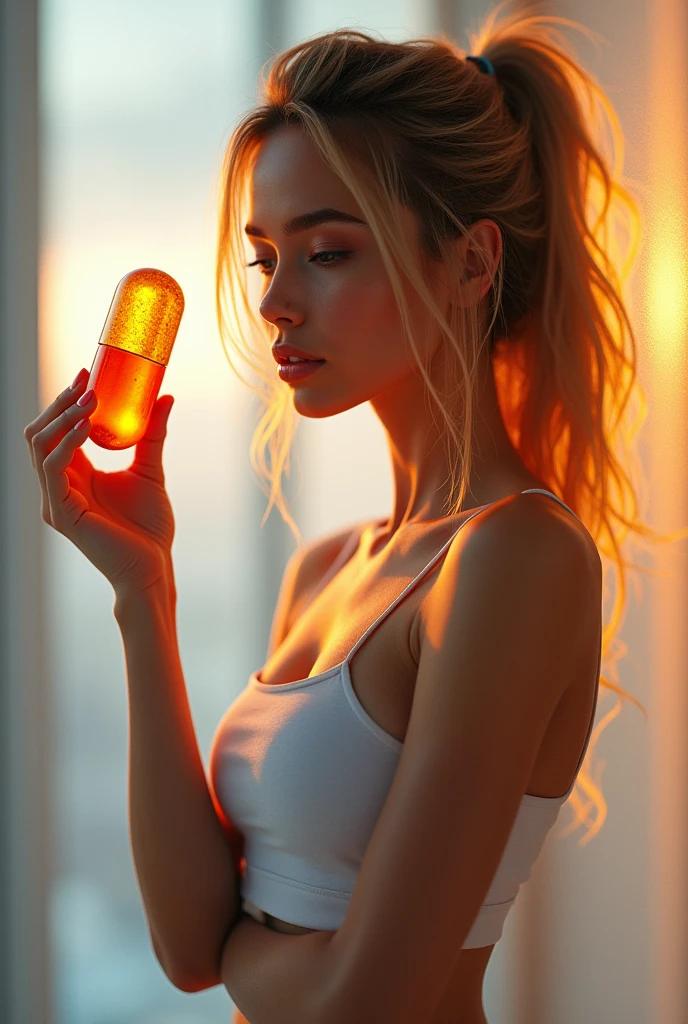 Beautiful woman using big power multivitamin 