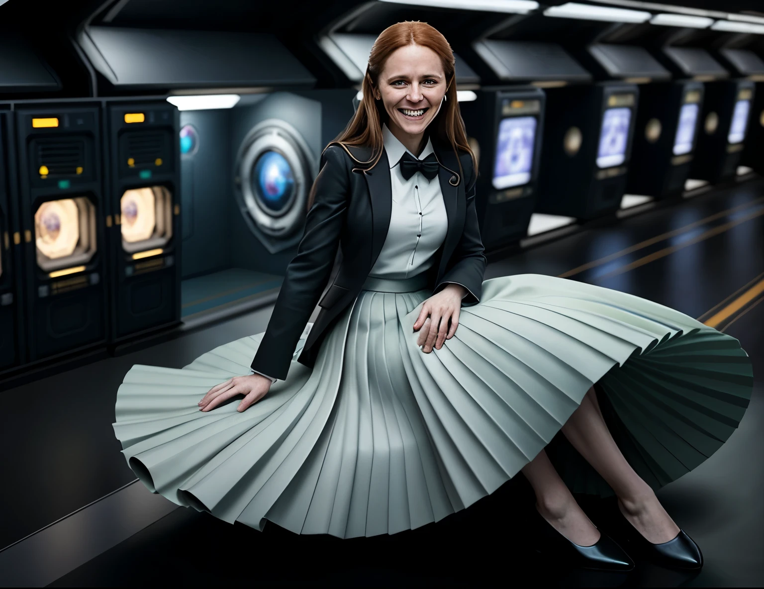 85mm photograph of a Shy, demure, smiling, Compassionate, kind, empathic, long haired, beautiful and attractive woman, Sapphic Space Lesbian Sarah Ferguson is smoothing her skirt, fixing spaceships, exploring space, investigating anomalies, doing scientific R&D, attending council meetings, conducting espionage, conducting archeological excavations, investigating astral rifts, wearing her (long pleated full circle skirt), uniform jacket and (woman's low heel office shoes), (pronounced (feminine) features), (very windy), skirt is flowing wildly in the wind, lesbian space station, sci-fi, skirts in space, loves women wearing skirts, wants to kiss girls, adores skirts, women wearing skirts, empathy, compassion, romance and love, (pronounced (girly) features), (highly detailed ultra accurate realistic) hands and fingers, (windy), epic composition, highly detailed attributes, (35mm f1.4 Kodak portra 400 photograph), extremely high quality RAW photograph, highly detailed atmosphere, sci-fi, cinematic shot, dynamic lighting, 75mm, Technicolor, Panavision, cinemascope, sharp focus, fine details, 8k, HDR, realism, realistic, key visual, film still, superb cinematic color grading, depth of field