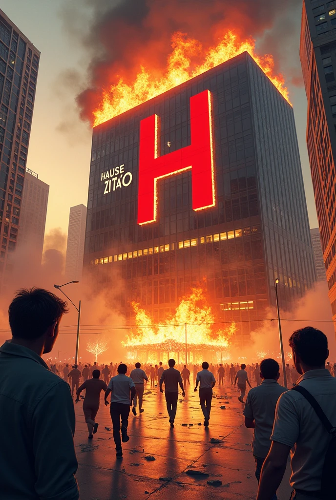 I want an image of an office with people from all over the world..i catching fire with a facade with a red letter h and the word house zitão written in white and the technicians setting fire and others running scared