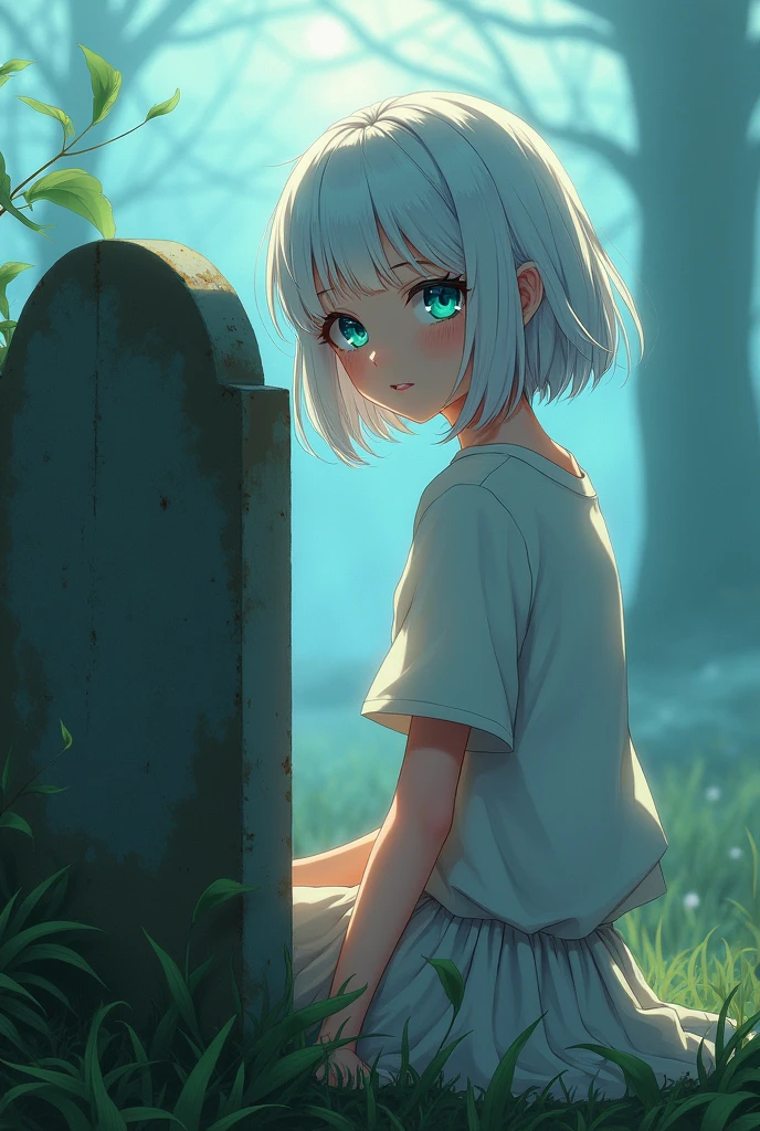 anime style, young adult woman, with blue right eye and green left eye, short white hair.
Sitting next to a grave.