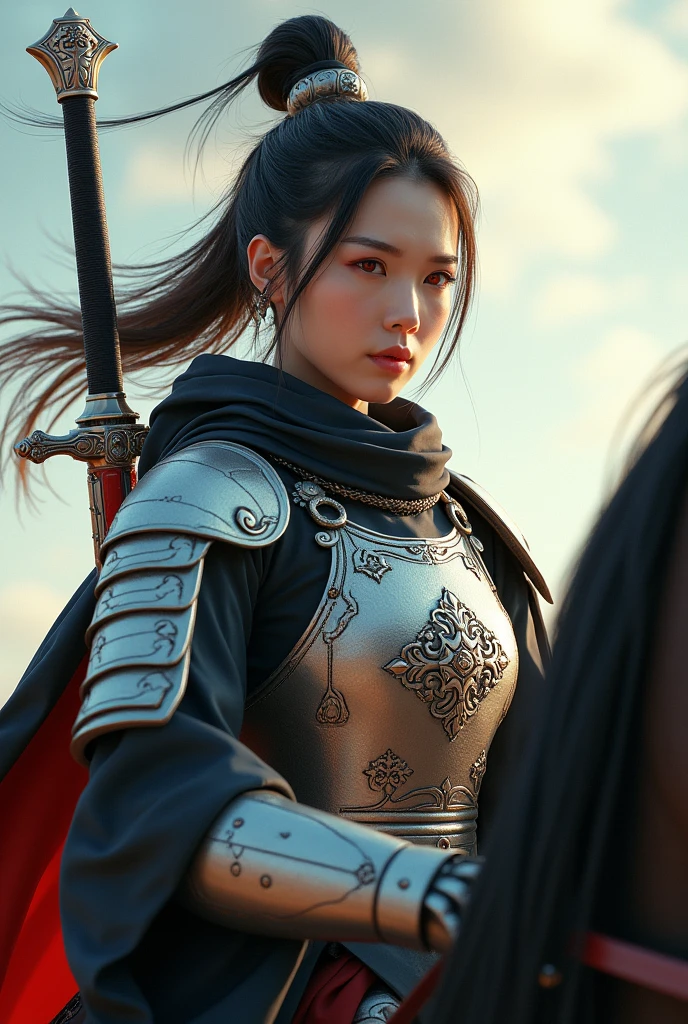 (masterpiece, best quality, beauty, best ratio, best shadoes) uhd,  china female kungfu, korean beauty like tae yon, her face and whole body visible, shining red eyes,, windblown short hair, wear black silk hoody, silver general  full armor suit, left hand holding china big emperor sword with emperor emblem and shield, riding on the war horse, with war horse seen from far. Bright sky, side light, uhd. use the RenderMan renderer.digital art. High definition, high contrast, high color saturation,128k,cinematic lighting, intricate,cinematic lens, advertising photograph,ultra detail.dslr,Wallpaper size