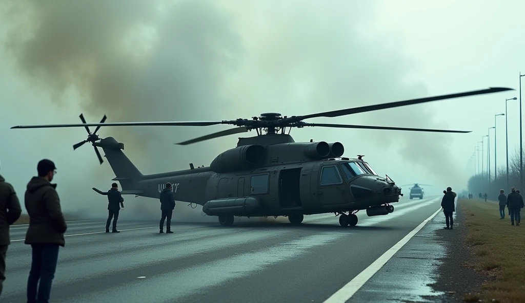 Russia's most expensive combat helicopter crashed on the highway and was surrounded by people. There was thick smoke all around it, making it look like it had been a big fire