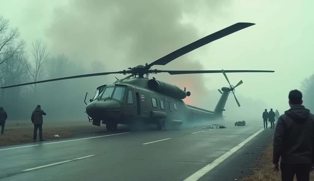 Russia's most expensive combat helicopter crashed on the highway and was surrounded by people. There was thick smoke all around it, making it look like it had been a big fire