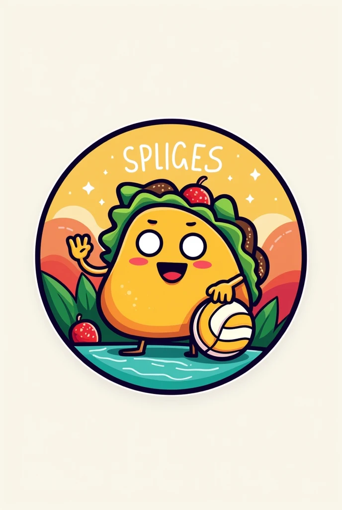 Circular cartoon logo 
Include name in mayus: "SPLICES"
Include a taco bean
Include a volleyball ball