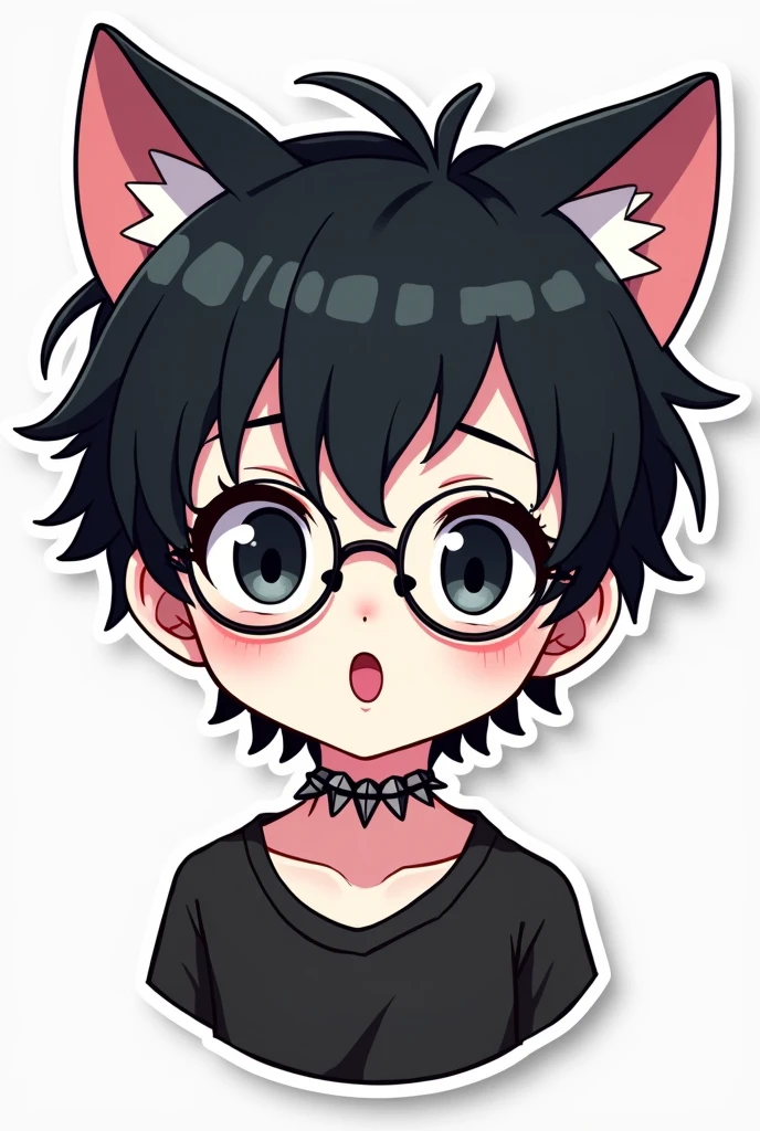 I want to create a series of stickers for WhatsApp and Telegram where the character is a boy with white skin, black eyes, black hair, cat ears, glasses, and a spiked necklace around his neck.