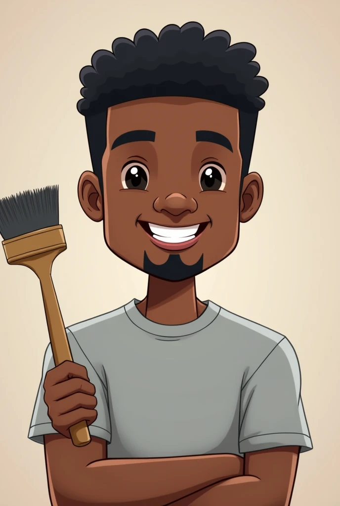 Square head man full face black man with goatee neat black hair smiling in light gray t-shirt with bricklayer brush in hand in cartoon