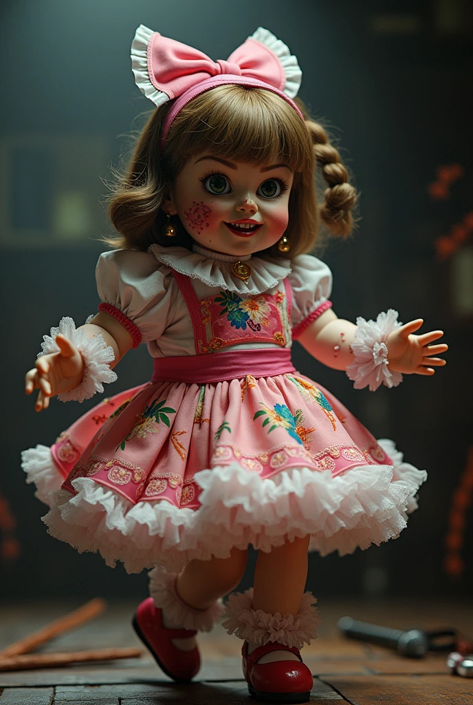 Annabelle from the movie ``The Conjuring'' is very scary because her face is covered in scars and she smiles. She is wearing a frilly costume from a Japanese idol group. Singing with a microphone. They are doing a cute dance.