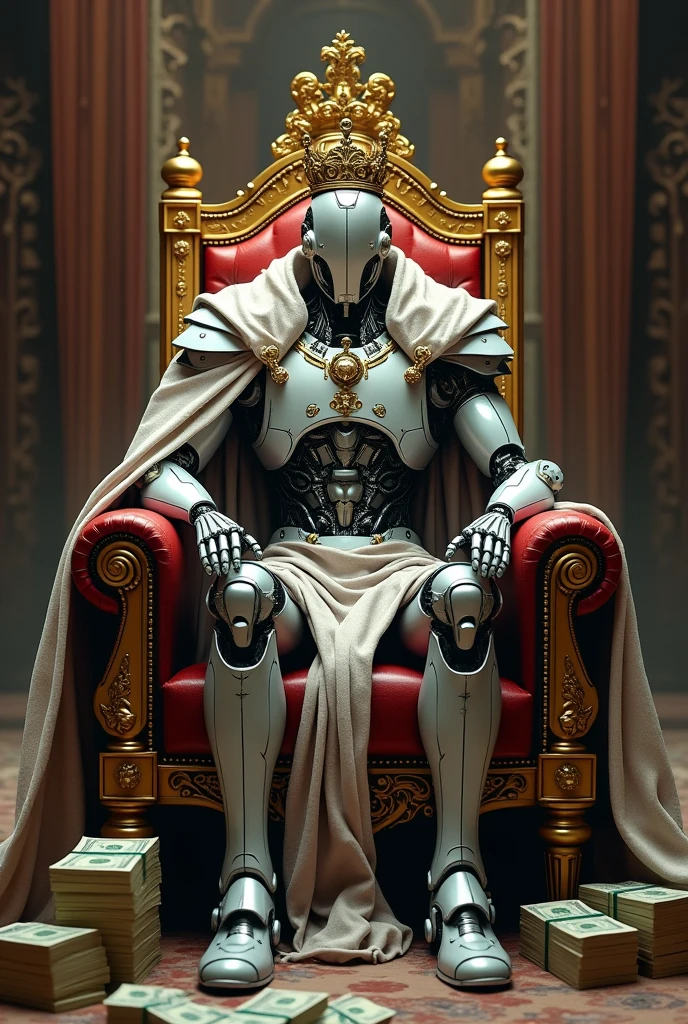 Image of a robot sitting on his throne with a King's crown with lots of money and bundles of money on the floor with an intimidating look is an artificial intelligence robot king