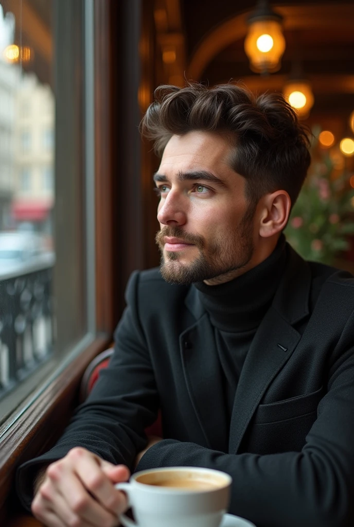 Handsome white guy with dark short hair, a bit wider face, dark green eyes, slightly shorter hair, and wider cheeks. He has a one-day beard and a line shaved into his right eyebrow, with a subtle smile for a friendly touch. Captured at a romantic Parisian café in a stylish, romantic outfit, he is now seated comfortably with a coffee cup in hand, looking out the window with a thoughtful and content expression. The scene features charming ambiance and soft lighting, ensuring his skin appears smooth and wrinkle-free.