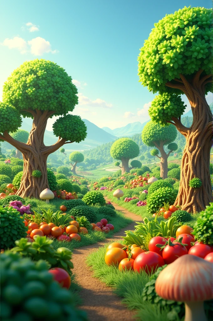 Farm with green plants onion Spinach tree, cabbage tree, celery tree, radish tree, carrot tree, bok choy tree, shiitake mushroom tree, pepper tree, garlic tree, coconut tree, oil palm.