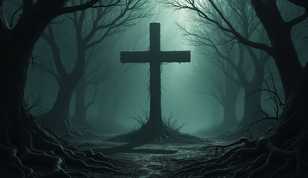 "An ominous and atmospheric image of the forest, with the ground covered with fallen branches and twisted roots. In the middle, A large inverted cross stands alone, casting a long, threatening shadow."