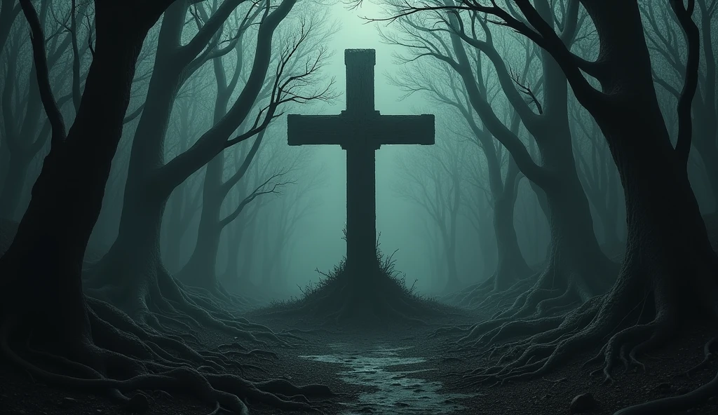 "An ominous and atmospheric image of the forest, with the ground covered with fallen branches and twisted roots. In the middle, A large inverted cross stands alone, casting a long, threatening shadow."