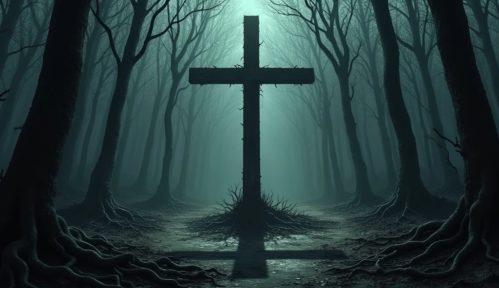 "An ominous and atmospheric image of the forest, with the ground covered with fallen branches and twisted roots. In the middle, A large inverted cross stands alone, casting a long, threatening shadow."