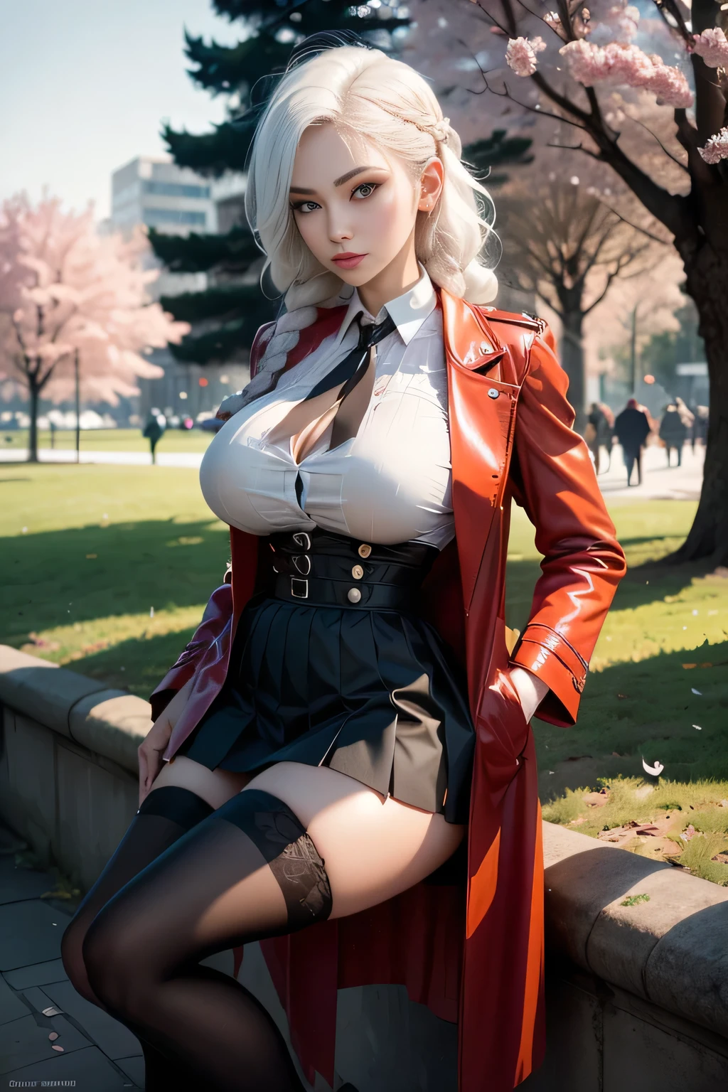 sfw, (Long white hair, Braided in two braids: 1.4), ((sharp jawline)) Red detailed eyes, eyes by Ilya Kuvshinov style, Sharp pupils, Realistic pupils, , ((Very muscular body with perky tits)), An evil expression on his face, (red jacket, white shirt with black tie, black pleated skirt with knee-length stockings, High-heeledshoes: 1.3), stands sideways hands in pockets, Sexy, Realistic, photoshooting, Professional, High contrast, Photo for the cover of the magazine, dutch angle, On the lawn in the park where cherry blossoms, wearing bra,((skinny waist)), young asian girl, ((big breasted)),