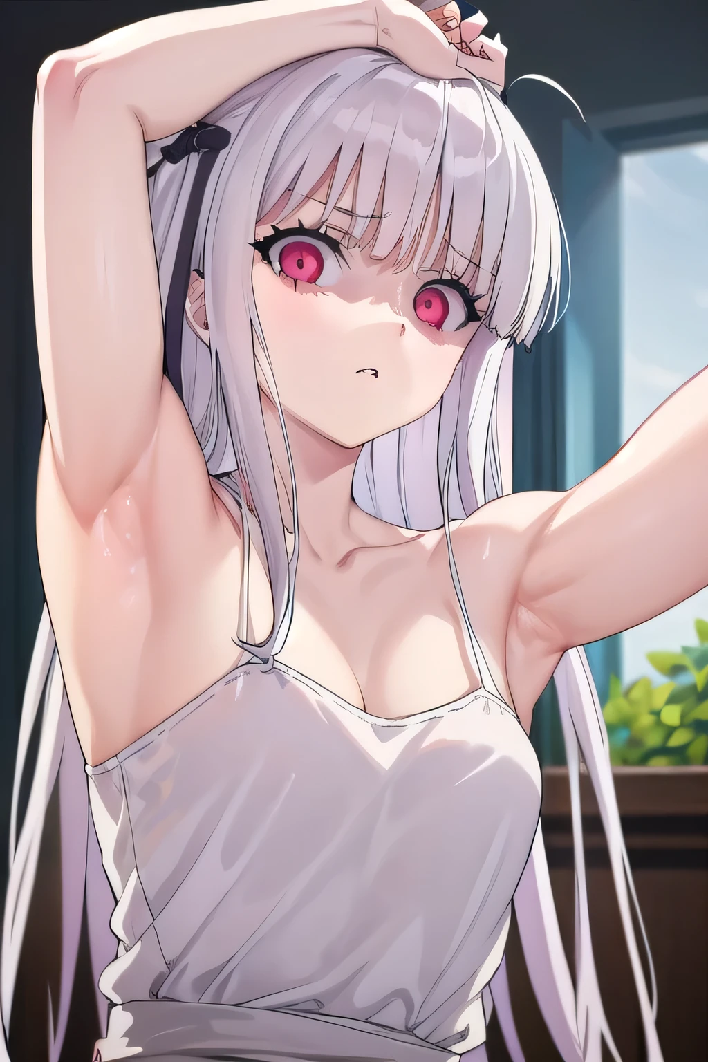 masterpiece, best quality, ultra-high-detailed, Disgusted face, white hair, red eyes, sigtuna julie, looking to viewer, deep eyes,  glare eyes, bare shoulder, focus to armpit, upper body, one arm up,one  arm behind head, armpit crease, eyeshadow, cynical look eyes, arm shot, furious, bare shoulder, selfie, muscular , slim body, fit body , near camera, so close, showing armpit , shaded face, first person view, striking eyes, camisole, focus armpit , Collarbone , near armpit shot, shot armpit, near camera, so close 