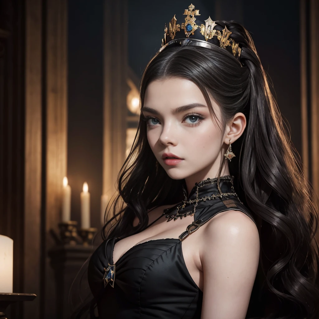 a woman in a black dress with a crown on her head, anya_taylor-joy, anya taylor - joy vampire queen, anya taylor joy, anya taylor-joy, anya taylor - joy, dressed anya taylor - joy, portrait anya taylor-joy, portrait of anya taylor-joy, anya taylor - joy and emma stone, as a medieval fantasy character
