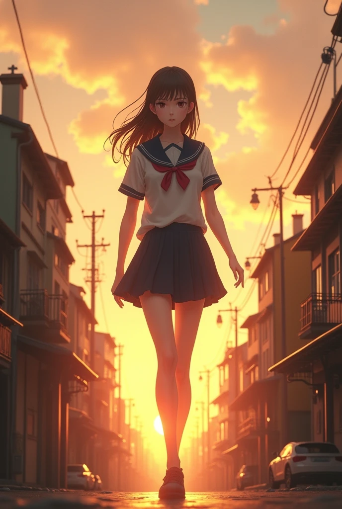 ((High definition, Masterpiece, 8k, Digital Photography, Digital Art)), ((Sunset illumination)), contrast, white illumination, ((A Giantess)), young face, school uniform, pale skin, ((Walking)), ((Landscape city)), ((Small buildings))