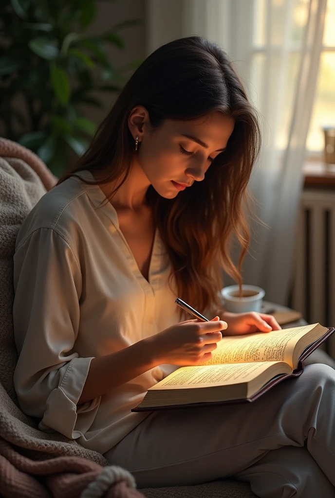 "Create a realistic and serene image of a person reading the Bible. Show the individual seated in a comfortable, tranquil setting, such as a cozy reading nook or a peaceful corner of a room. They should be depicted with a focused and reflective expression, deeply engrossed in the pages of the Bible. The book should be open on their lap or placed on a table, with visible text and possibly marked passages. Surround the scene with soft, warm lighting to create a calm and inviting atmosphere. Include elements like a cup of tea or coffee, a soft blanket, or other personal touches to enhance the sense of peaceful contemplation and dedication to scripture study."












































