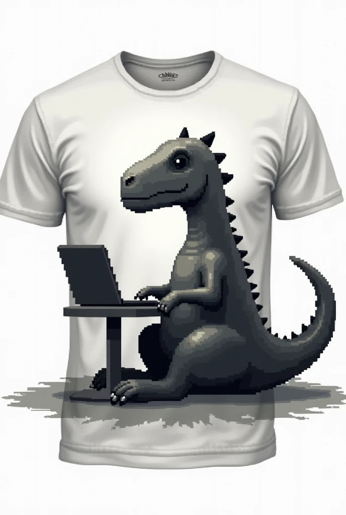 create a print with a transparent t-shirt background where there is a pixelated black or gray dinosaur sitting and using a computer or notebook when it is without internet