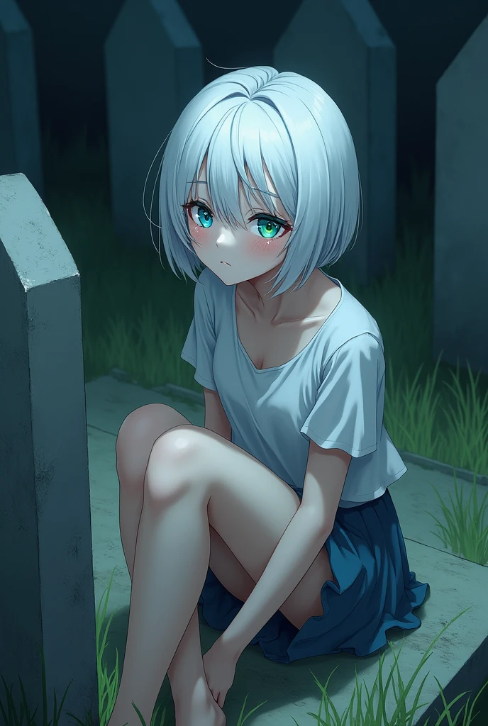 anime style, young adult woman, with blue right eye and green left eye, short white hair.
Sitting next to a grave.
He has tears in his eyes