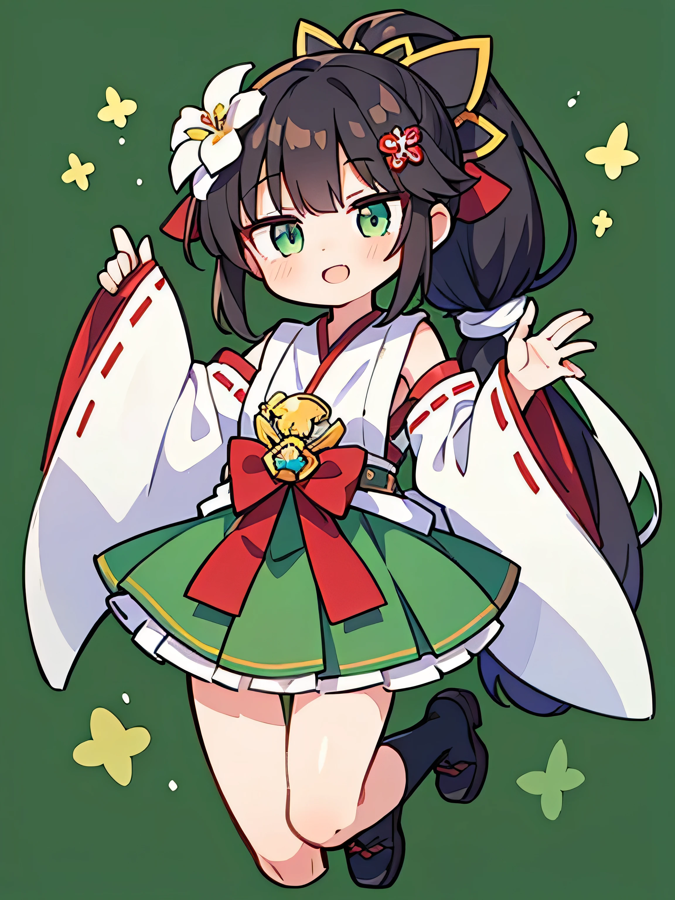 1girl,priestess outfit,chibi,long black hair,ponytail,hair flower,hair accessory,full body,smiling,green background,(best quality,4k,8k,highres,masterpiece:1.2),ultra-detailed,(realistic,photorealistic,photo-realistic:1.37),intricate details,beautifully detailed face,beautiful detailed eyes,beautiful detailed lips,extremely detailed eyes and face,long eyelashes,cute,adorable,delicate,elegant