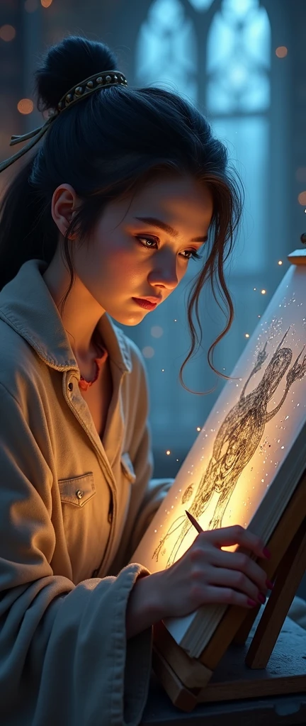 a magical glowing sketchbook, an artist sitting at an easel, surprised expression, animated elf drawing, beautiful detailed eyes, beautiful detailed lips, extremely detailed face and eyes, long eyelashes, intricate fantasy details, mystical lighting, digital painting, dramatic composition, vibrant colors, cinematic lighting, cinematic atmosphere, award winning concept art, high quality art