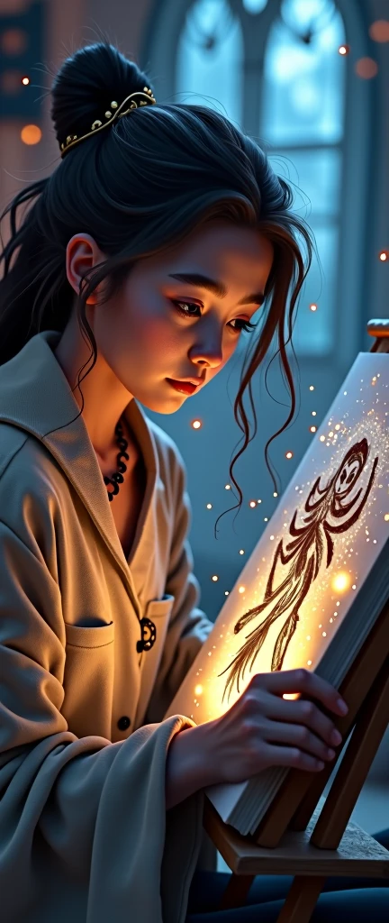 a magical glowing sketchbook, an artist sitting at an easel, surprised expression, animated elf drawing, beautiful detailed eyes, beautiful detailed lips, extremely detailed face and eyes, long eyelashes, intricate fantasy details, mystical lighting, digital painting, dramatic composition, vibrant colors, cinematic lighting, cinematic atmosphere, award winning concept art, high quality art