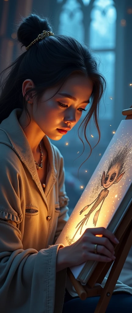 a magical glowing sketchbook, an artist sitting at an easel, surprised expression, animated elf drawing, beautiful detailed eyes, beautiful detailed lips, extremely detailed face and eyes, long eyelashes, intricate fantasy details, mystical lighting, digital painting, dramatic composition, vibrant colors, cinematic lighting, cinematic atmosphere, award winning concept art, high quality art