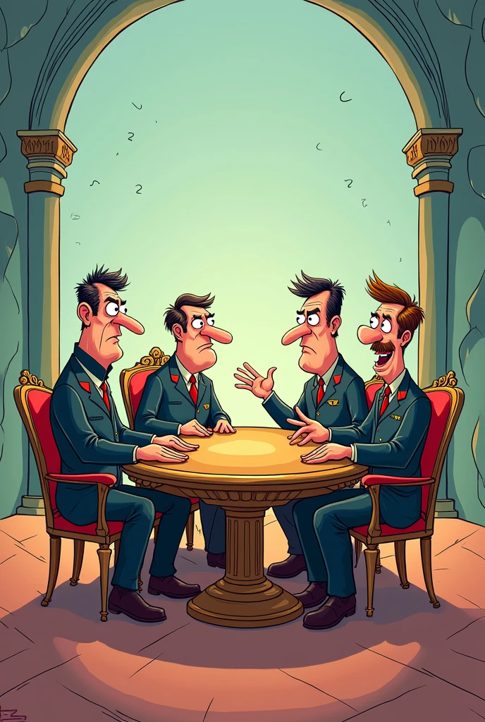 create a cartoon style image of four generals, one of which is the representative of silence, the other the representative of truth; the other is the liar and the last one is the representative of the chatterbox. They are all sitting around a table in the shape of a crescent moon.