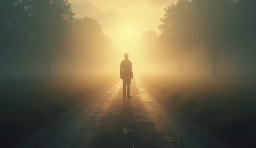 A person standing at a crossroads with a clear path illuminated by soft, guiding light. The scene conveys a sense of choice and direction, with the crossroads symbolizing the decision to align with one’s true path, as guided by numerological insights. --ar 16:9