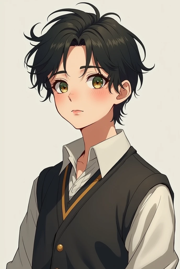 Black haired anime man with short wavy hair megra clothes, Brown eyes with a bit of green, full body of teenager
