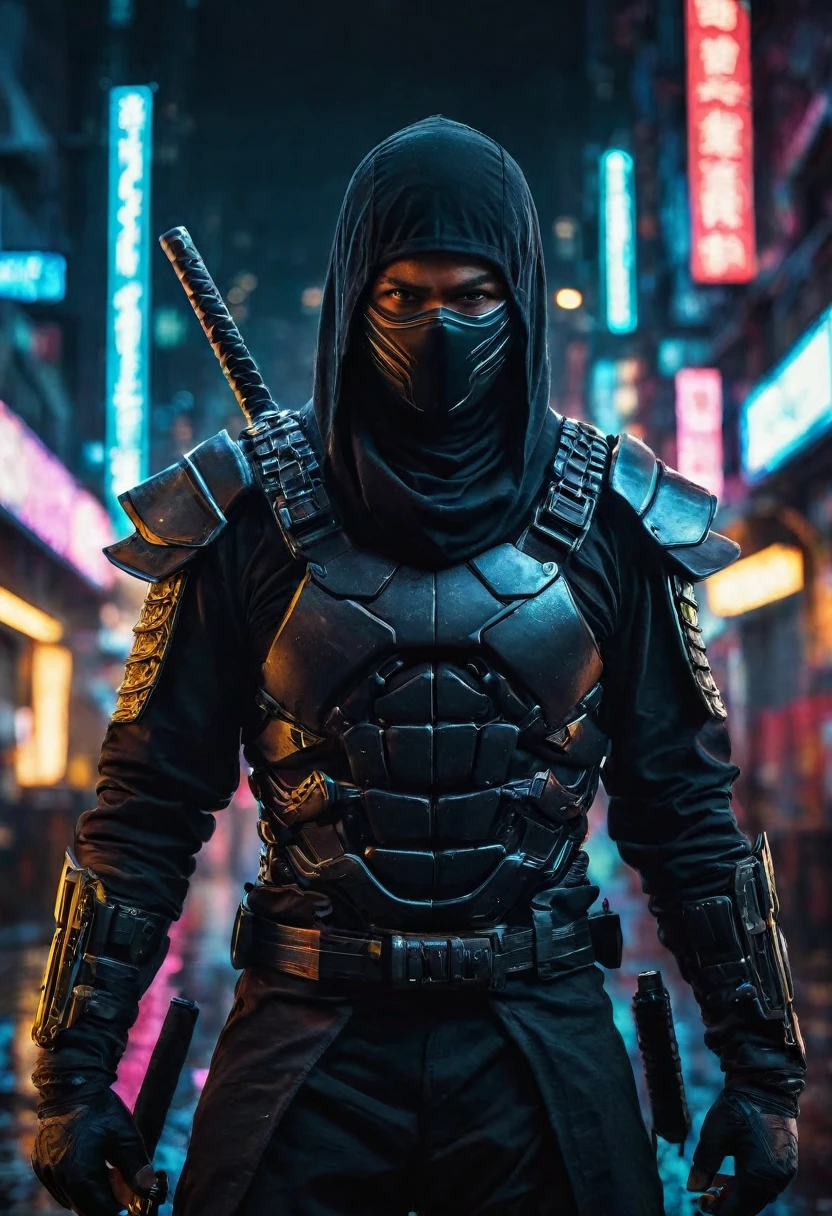 A glamor shot of a ninja. Ninja has 1 single sword behind his back. Cyberpunk, surrounded by neon city lights, realistic, realistic, dark, moody, highly detailed, octane, humid, dense atmosphere, epic, dramatic, empty, creepy, CCTV footage, photorealistic, ultra rich detail, photos by Irakli Nadar and Reilia Slaby , bokeh, particles, ultra-detailing, science fiction, intricate art masterpiece, ominous, matte film poster, golden ratio, cgsociety trends, intricate, epic, artstation trends, by artgerm, h. р. Giger and Beckinski, high detail, vivid, cinematic character rendering, ultra high quality model.

Translated with DeepL.com (free version)