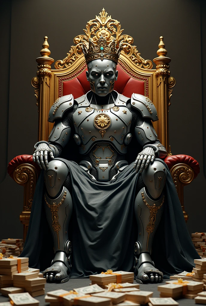 Image of a robot sitting on his throne with a King's crown with lots of money and bundles of money on the floor with an intimidating look is an artificial intelligence robot king. The robot from the middle of the body up sitting on his throne with a crown and lots of money