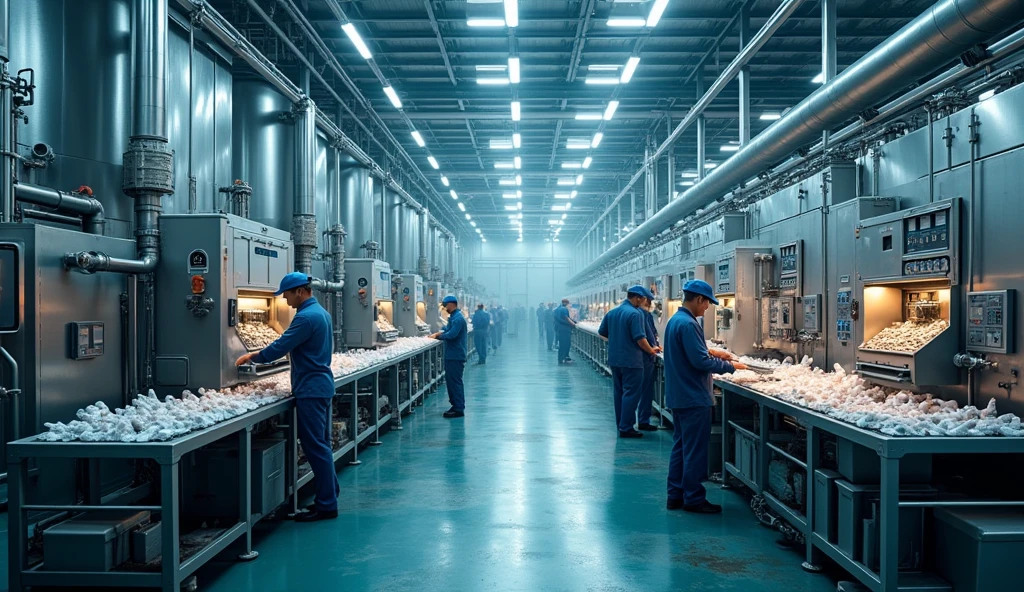 a fish processing plant, fish oil production, industrial fish oil extraction, fish oil manufacturing process, factory interior, machinery, conveyor belts, industrial equipment, stainless steel tanks, fish processing, fish filleting, fish oil refining, fish byproducts, fish oil distillation, fish oil bottling, (best quality,4k,8k,highres,masterpiece:1.2),ultra-detailed,(realistic,photorealistic,photo-realistic:1.37),industrial, documentary, industrial photography, industrial interior, factory machinery, industrial equipment, stainless steel, mechanical, factory production line, manufacturing process