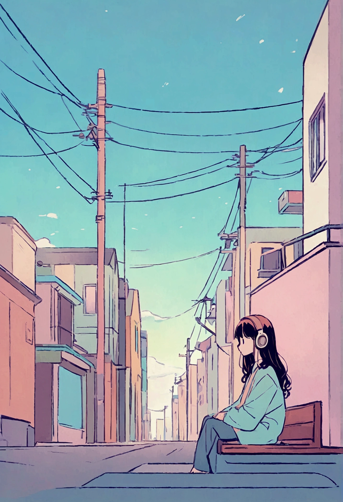 Anime style illustration of a boy sitting on a city bench. he長い間, She has light wavy hair and is wearing headphones. he、Dressed casually with a dark shirt and loose coat over his clothing。. In the background there is a street with buildings and utility poles., Beautifully drawn, Minimalist lines and pastel colors. The overall color scheme is soft and bright., Gives the image a calm and relaxing feel."