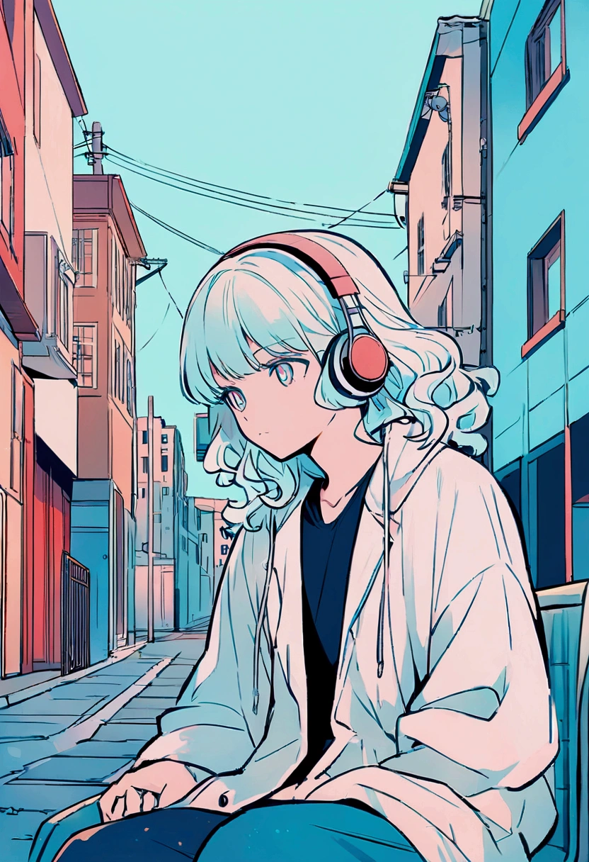 Anime style illustration of a boy sitting on a city bench. he長い間, She has light wavy hair and is wearing headphones. he、Dressed casually with a dark shirt and loose coat over his clothing。. In the background there is a street with buildings and utility poles., Beautifully drawn, Minimalist lines and pastel colors. The overall color scheme is soft and bright., Gives the image a calm and relaxing feel."