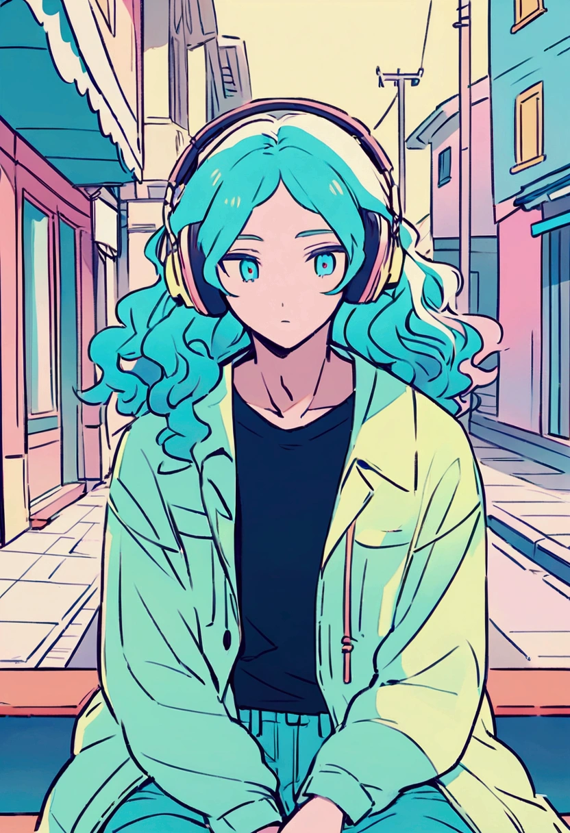 Anime style illustration of a boy sitting on a city bench. he長い間, She has light wavy hair and is wearing headphones. he、Dressed casually with a dark shirt and loose coat over his clothing。. In the background there is a street with buildings and utility poles., Beautifully drawn, Minimalist lines and pastel colors. The overall color scheme is soft and bright., Gives the image a calm and relaxing feel."