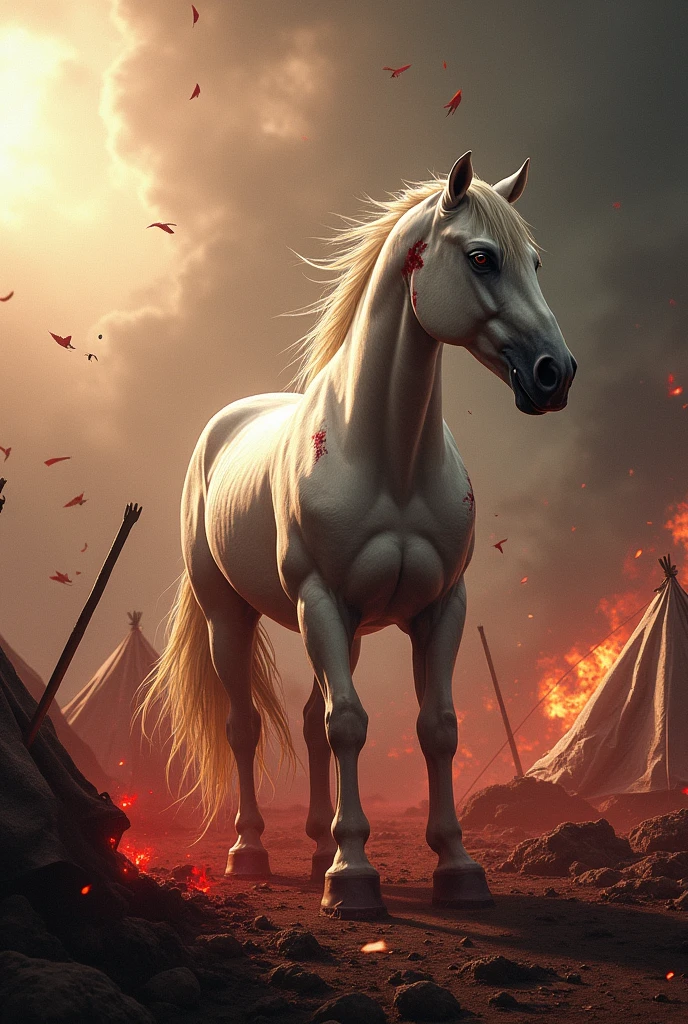 A real white wounded horse is standing in the field, the sky is bloody, it is raining with arrows, the fire is on all sides, the tents are on fire, and there is lot of smoke or the water is on them, they are throwing arrows on the horse.