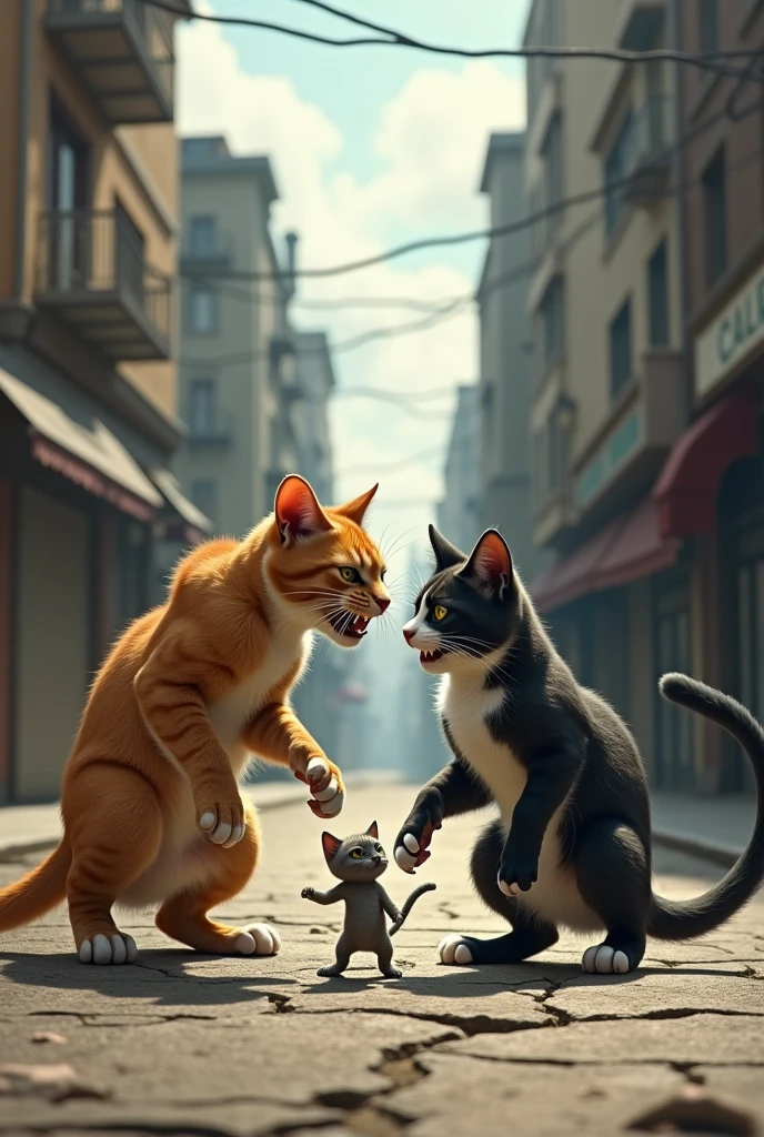 There are two cats and one is their . The cat and the cat are fighting with each other a lot. They are standing on the road and fighting. 