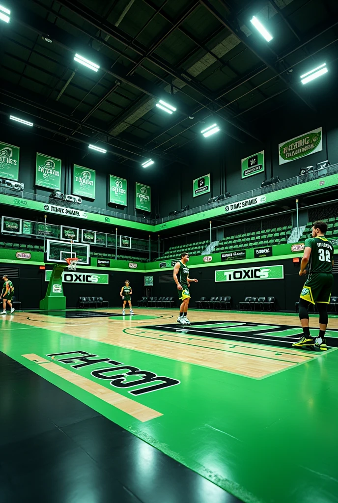 Create a personalized professional basketball team gym like the NBA team with the team name "TOXICS" with green and black colors and toxics written on the court