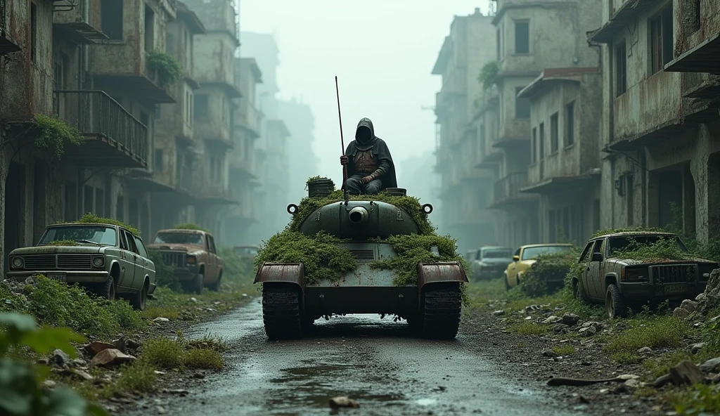 use the dark fantasy style, a city destroyed by war and bombing, 6 centuries have passed since the apocalypse, the main road, on the sides of destroyed buildings that can hardly be recognized. everything is overgrown with trees and grass, the whole road is clogged with abandoned cars, in the center of which stands an old overgrown tank, on which sits a lone knight in medieval armor