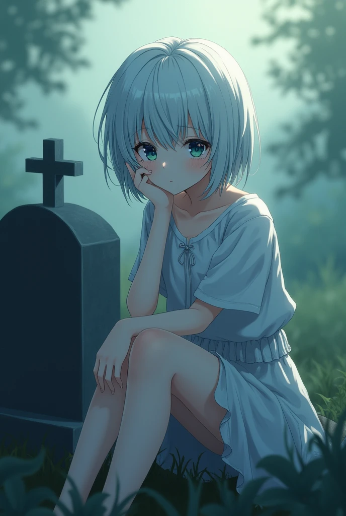 anime style, young adult woman, with blue right eye and green left eye, short white hair.
Sitting next to a grave.
He has watery eyes.