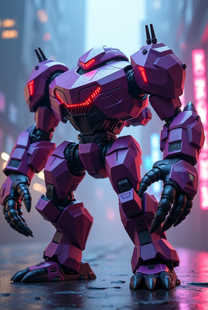 a highly detailed hexagonal prism robot with crab-like legs, red eyes, sharp teeth, a purple crab-shaped body, floating and flying. claw hand. high tech design. hulkbuster body. mecha robot. big bazooka.bazooka on hands, ,Cyberpunk, dreamy glow, luminous neon lights, ( Global illumination, Ray traching, hdr, unreal render,reasonable design, high detal, Masterpiece, Best quality, hyper HD, Cinematic lighting), Mecha musume. jackpack.flamethrower fire blast. power fired.