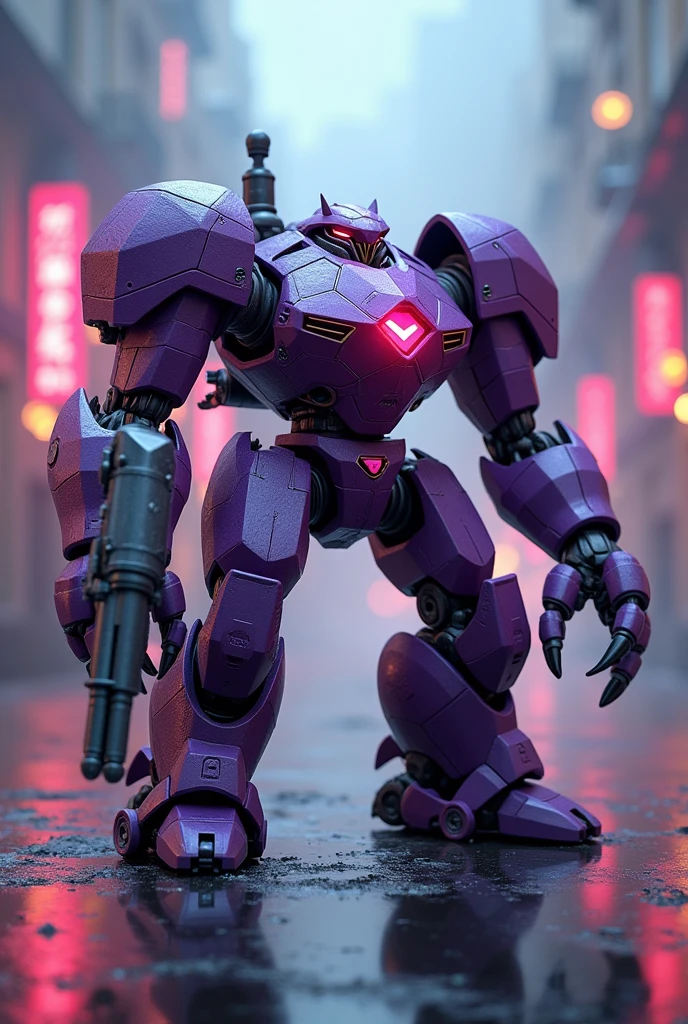 a highly detailed hexagonal prism robot with crab-like legs, red eyes, sharp teeth, a purple crab-shaped body, floating and flying. claw hand. high tech design. hulkbuster body. mecha robot. big bazooka.bazooka on hands, ,Cyberpunk, dreamy glow, luminous neon lights, ( Global illumination, Ray traching, hdr, unreal render,reasonable design, high detal, Masterpiece, Best quality, hyper HD, Cinematic lighting), Mecha musume. jackpack.flamethrower fire blast. power fired.
