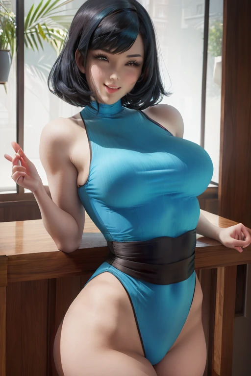 Kitana, sexy pose, big breasts, curvy, smile, bob haircut. face mask
